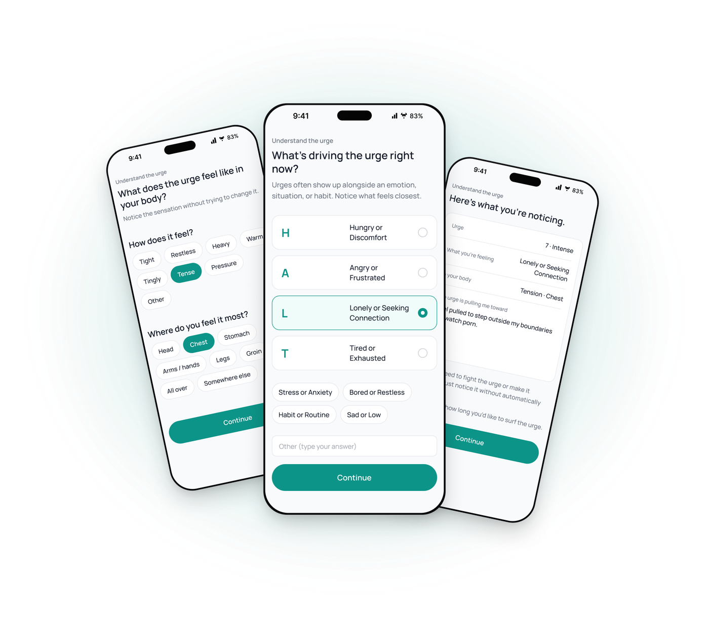 Three Etio app screens showing the urge check-in flow — noticing what the urge feels like in your body, what's driving it, and a summary of what you're noticing