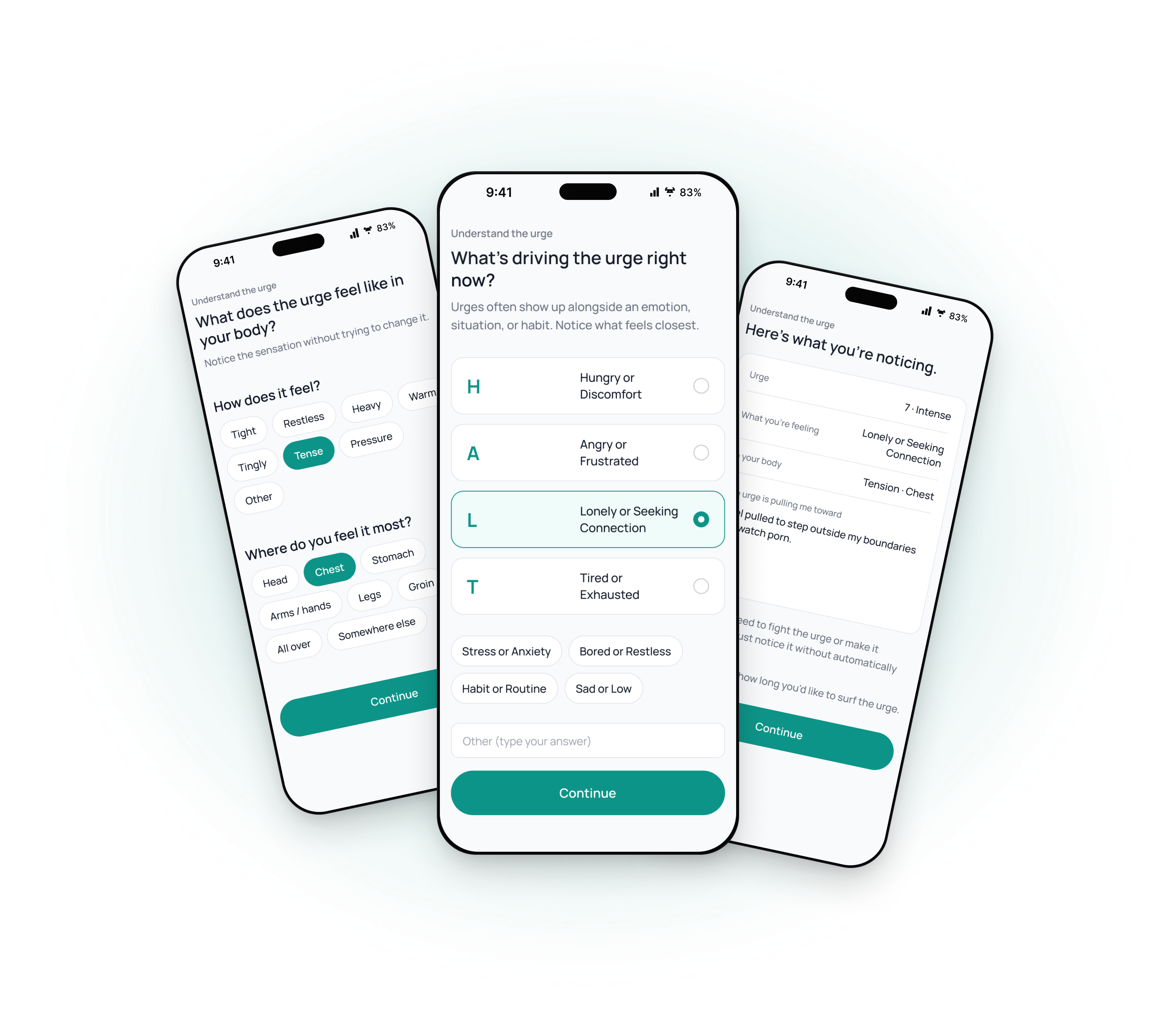 Three Etio app screens showing the urge check-in flow — noticing what the urge feels like in your body, what's driving it, and a summary of what you're noticing