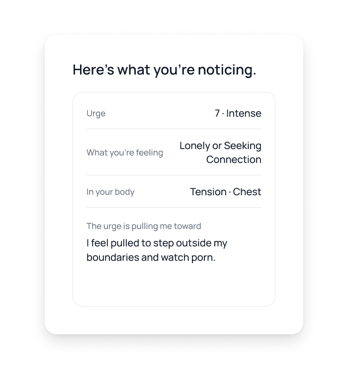 Etio urge check-in summary showing urge intensity, what you're feeling, what you notice in your body, and what the urge is pulling you toward