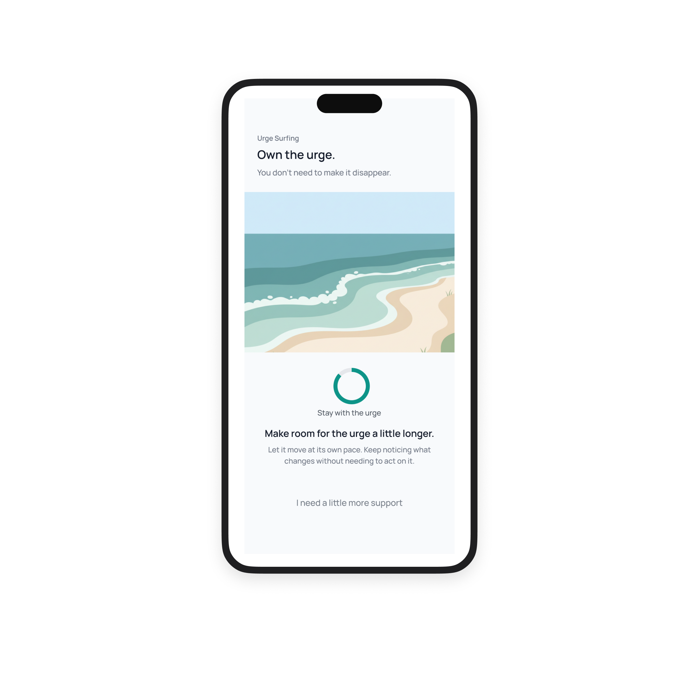 Etio guided urge surfing screen showing a timed urge surfing exercise